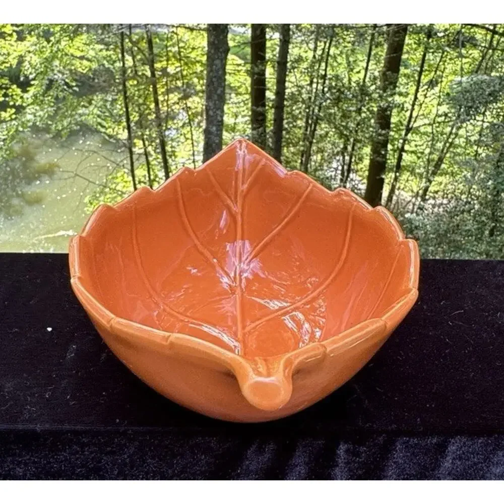 Vintage Gift Craft Fall Thanksgiving Orange Leaf Shape Bowl -C15